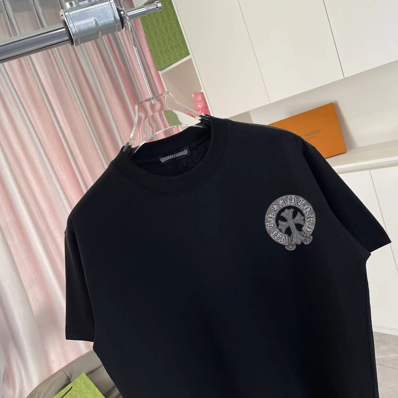 🅿️170 ch Crow*2025 summer new style Sanskrit cross horseshoe print short-sleeved T-shirt customized fabric 300g same style for men and women Size: S M L XL XXL five sizes Color: black white pink rose red iron gray
